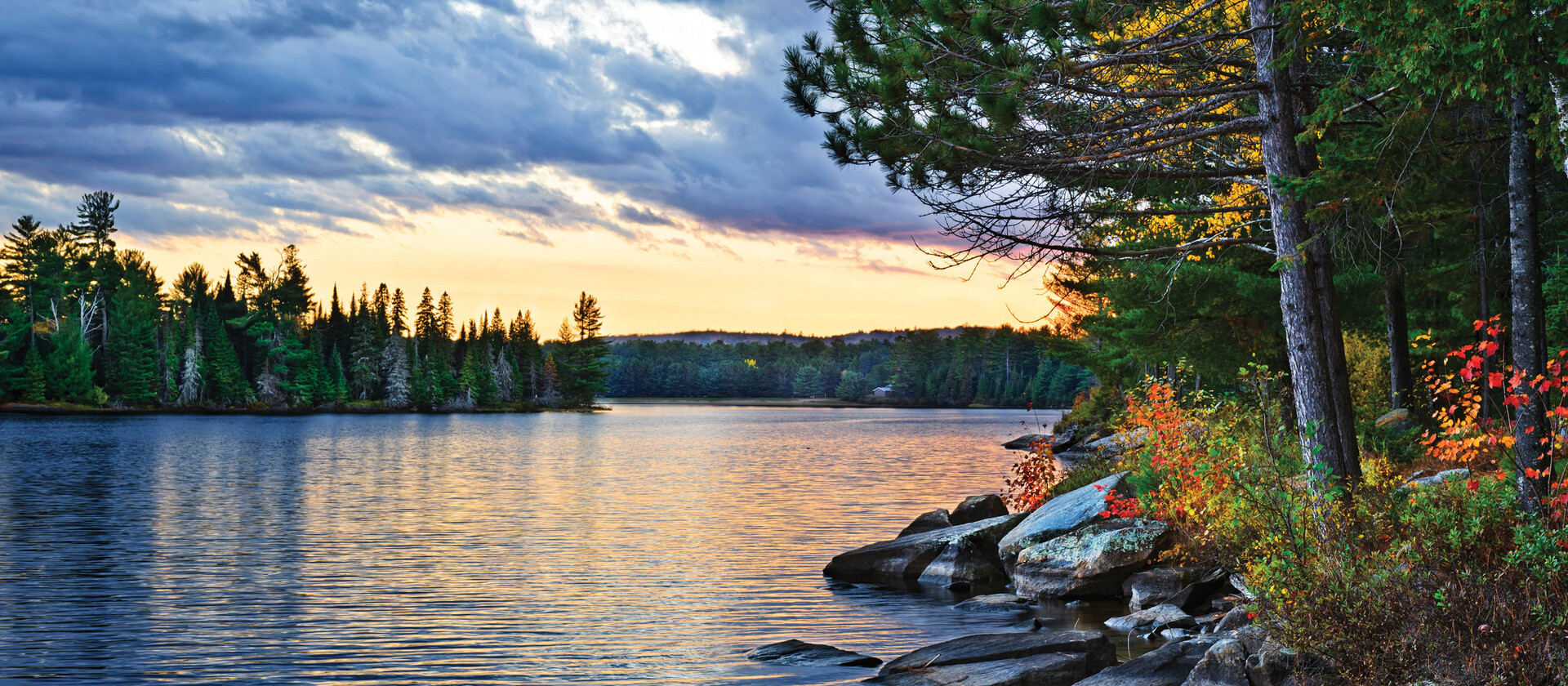 Northern Ontario lake and pines at last light — the territory we know best.